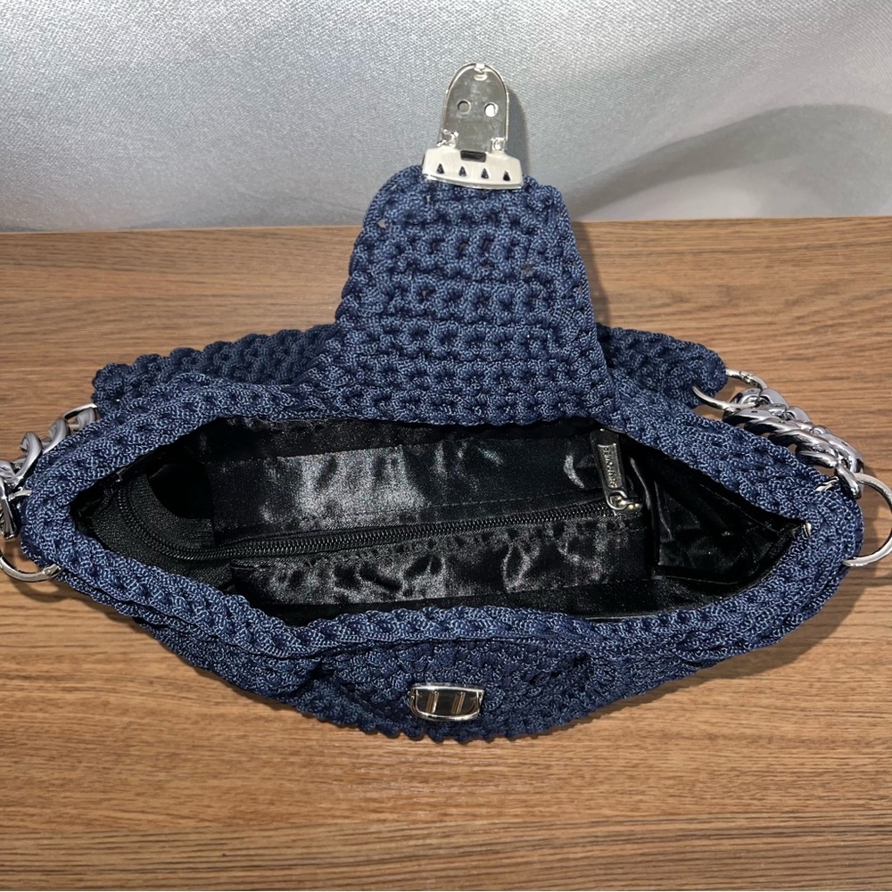Navy Blue Crochet Oreo Shoulder Bag with Chain Detail - Picture 6 of 8
